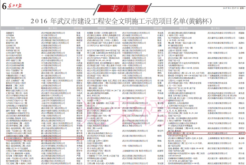 天馬建設(shè)集團(tuán)兩項目獲2016年“武漢市建設(shè)工程安全文明施工示范項目”